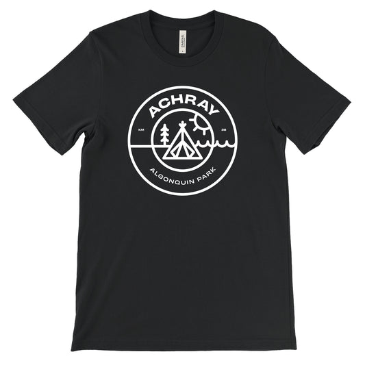 Achray Campground black getaway t-shirt with white graphic