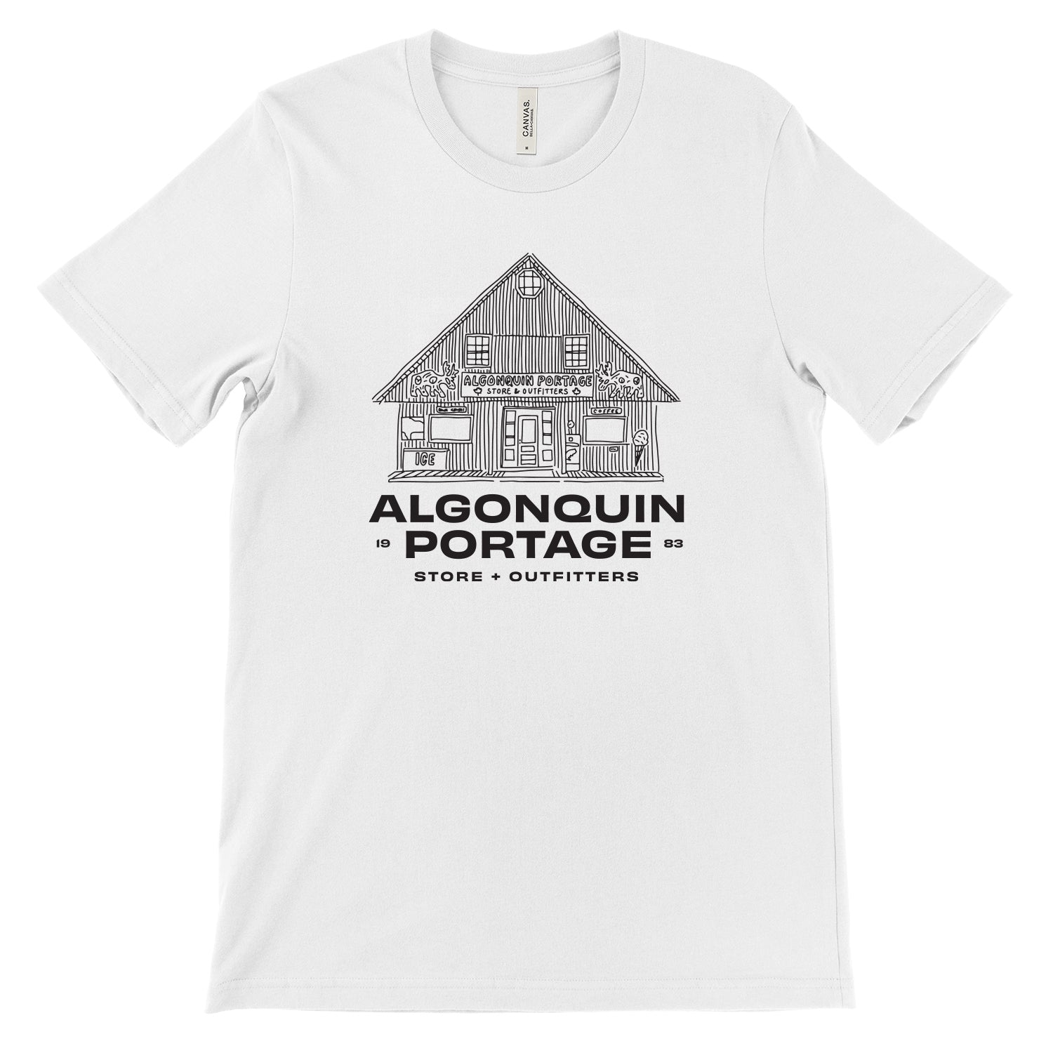 Algonquin portage store and outifitters white t-shirt with black graphic