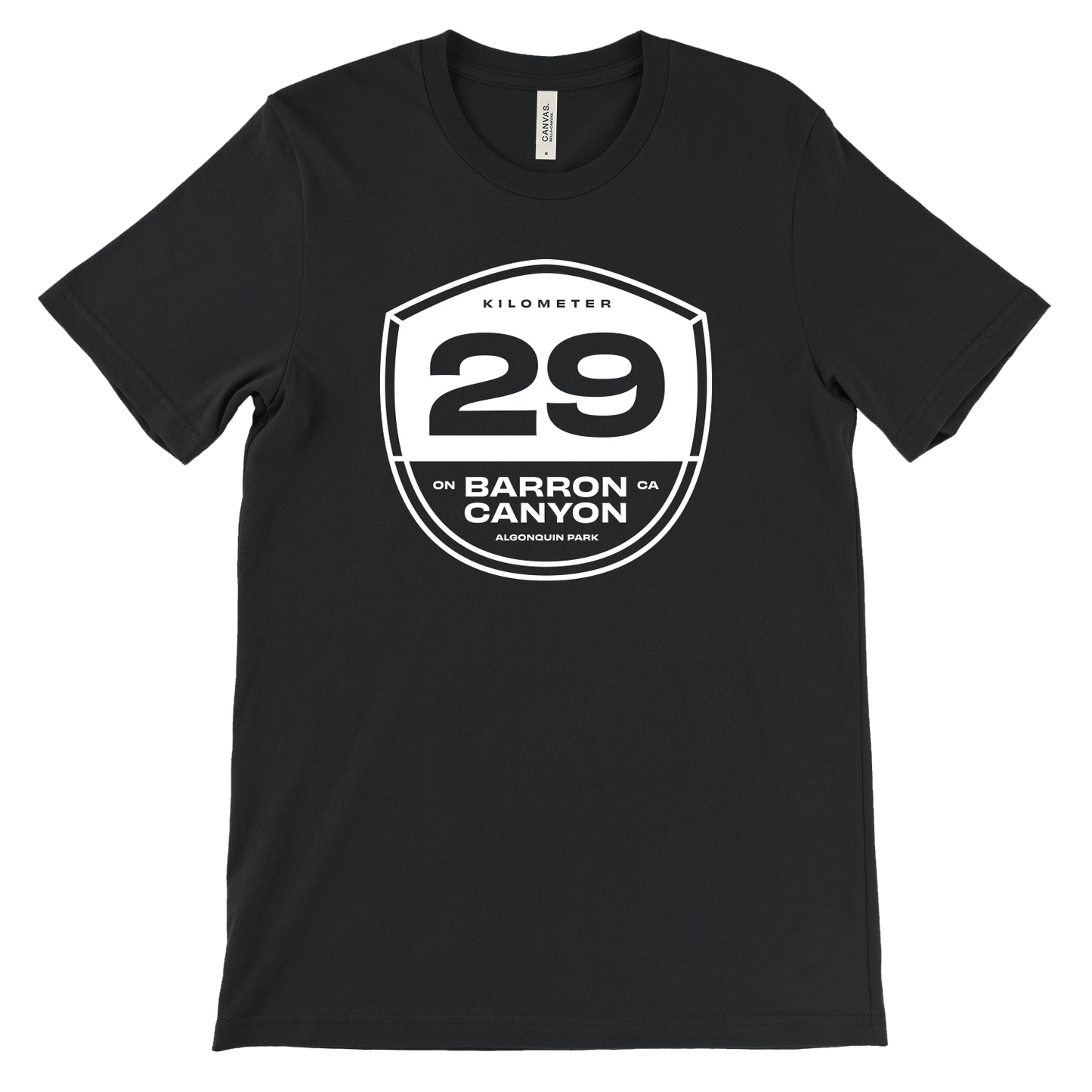 Barron Canyon Trail black road trip t-shirt with white graphic
